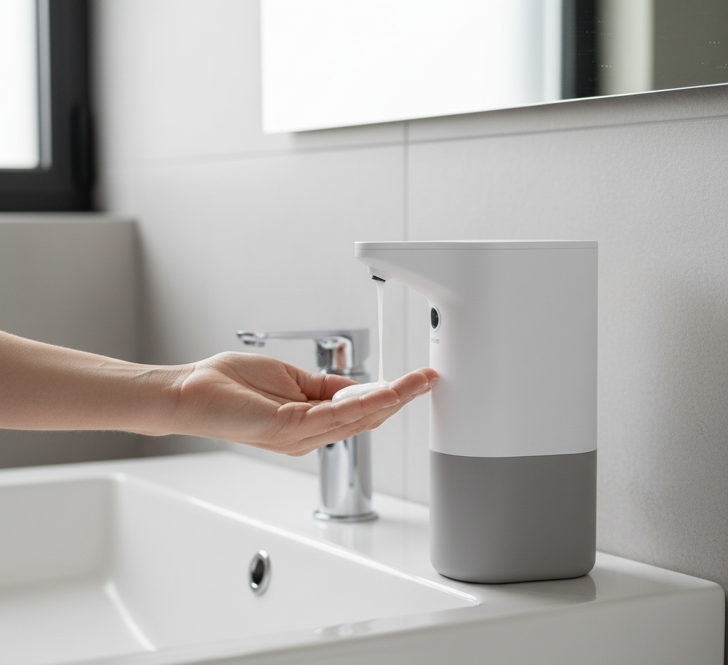 Dispenser automático de sabonete liberando espuma na mão de uma pessoa, em um banheiro moderno, para a categoria Banheiro e Lavanderia Funcional.