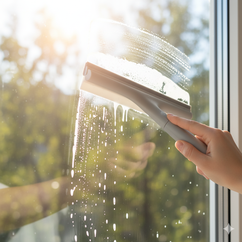 Mão utilizando um rodo moderno para limpar uma janela, simbolizando a categoria Organização e Limpeza Eficiente.