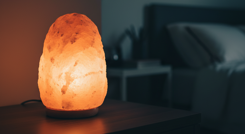 Luminária de sal do Himalaia acesa em uma mesa de cabeceira, criando um ambiente relaxante para a categoria Bem-Estar e Cuidados no Lar.