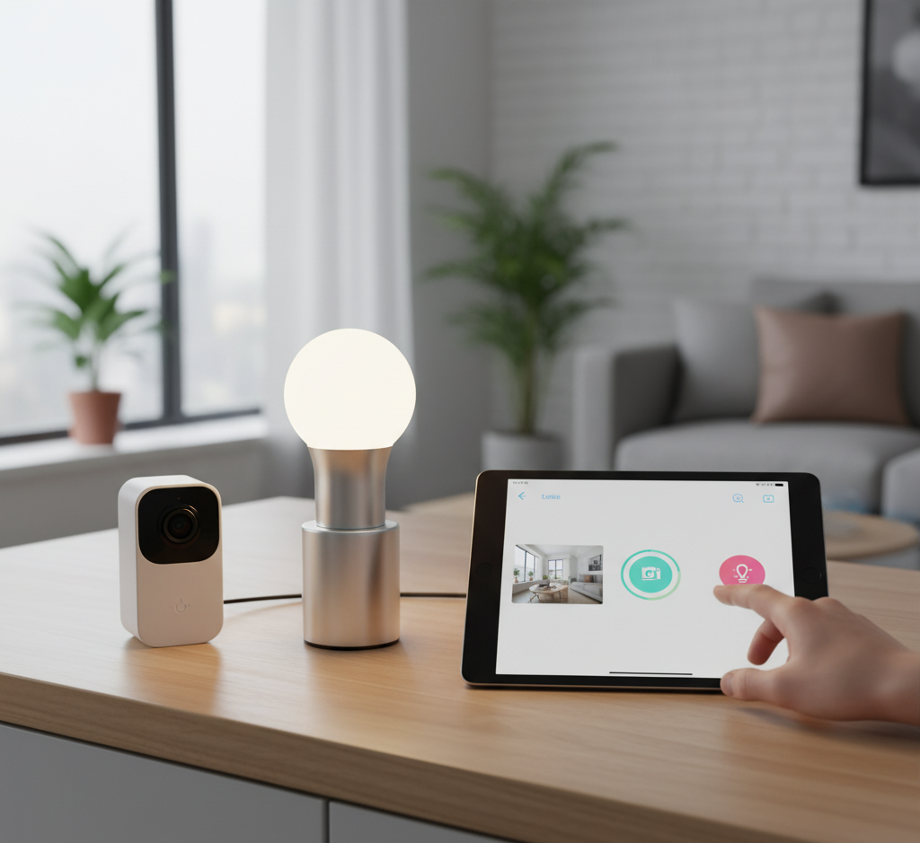 Abajur e tablet inteligentes em uma mesa de madeira, representando a categoria Casa Conectada e Segura.