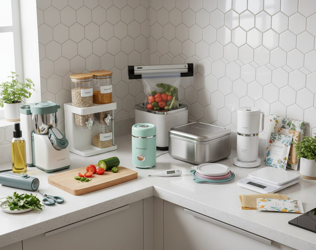Bancada de cozinha com eletroportáteis modernos, como batedeira e chaleira, para a categoria Cozinha Inteligente e Prática.