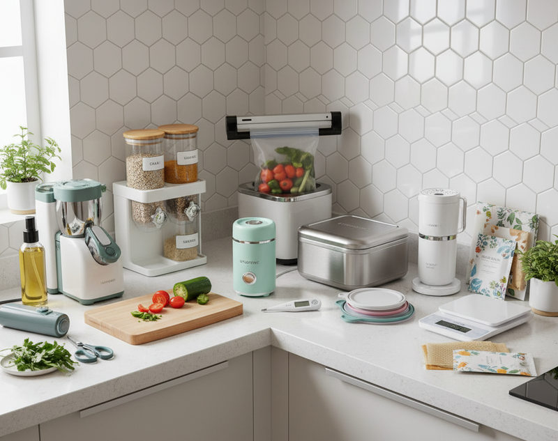 Bancada de cozinha com eletroportáteis modernos, como batedeira e chaleira, para a categoria Cozinha Inteligente e Prática.