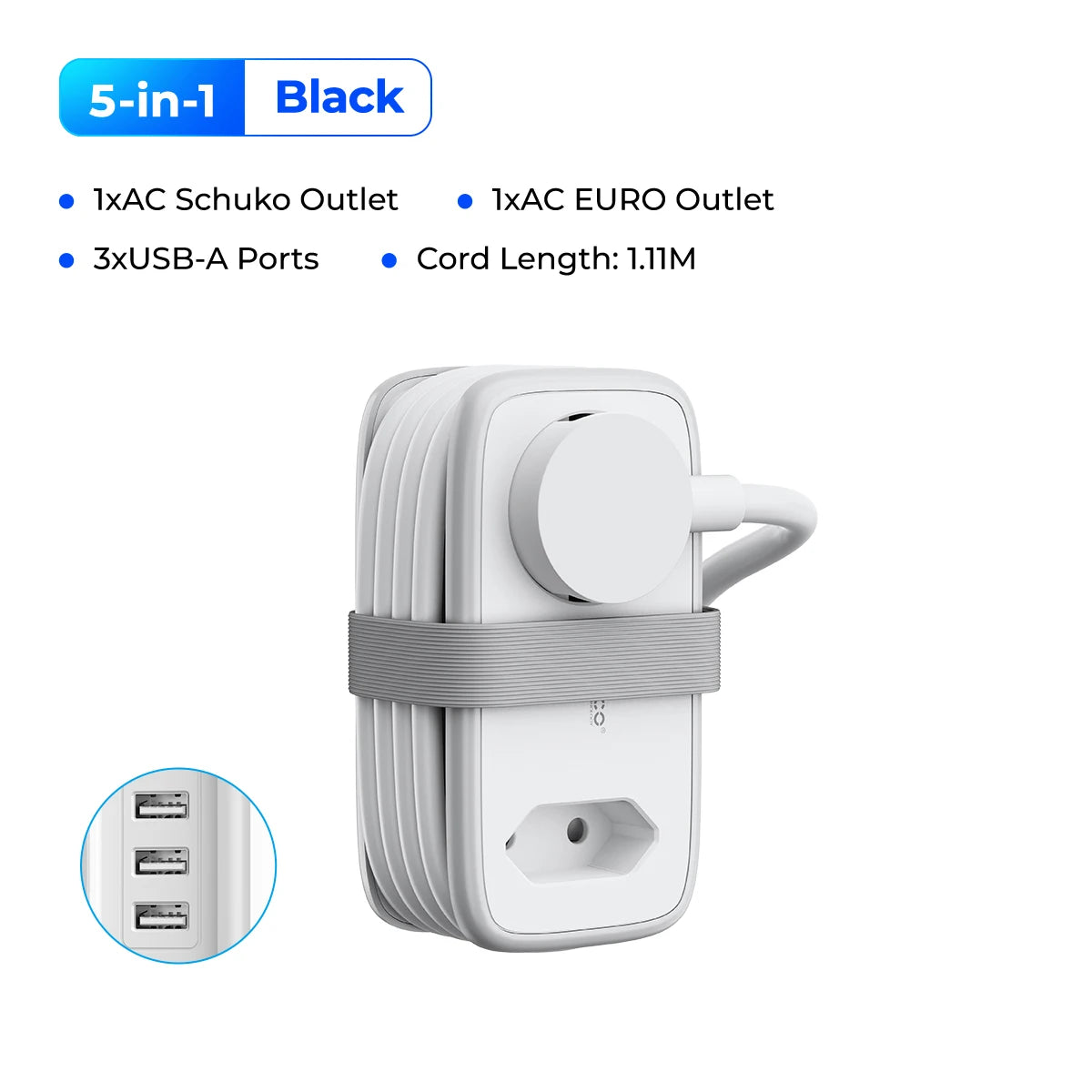 Extensão de Tomada Portátil e Cabo Retrátil ORICO 5 em 1