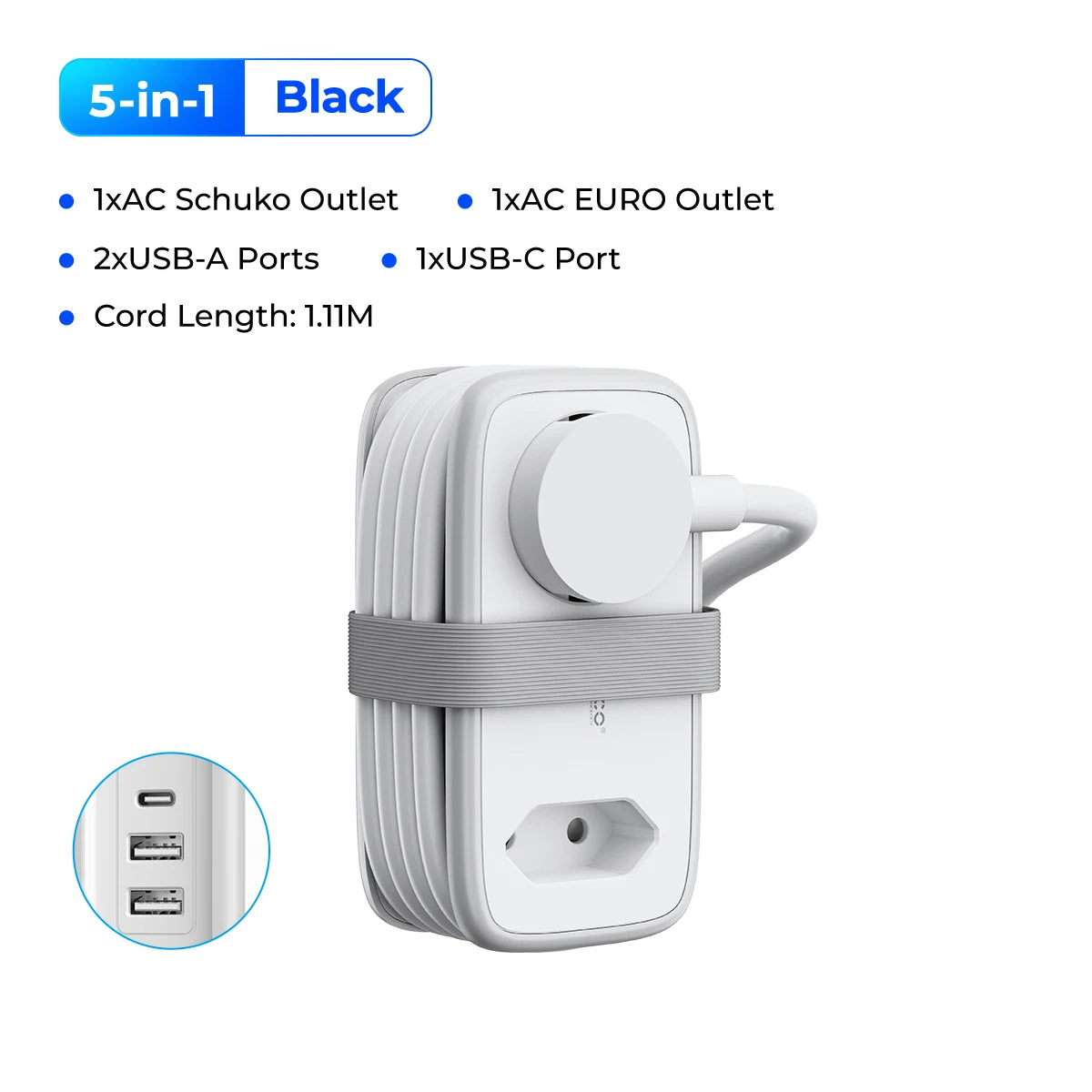 Extensão de Tomada Portátil e Cabo Retrátil ORICO 5 em 1