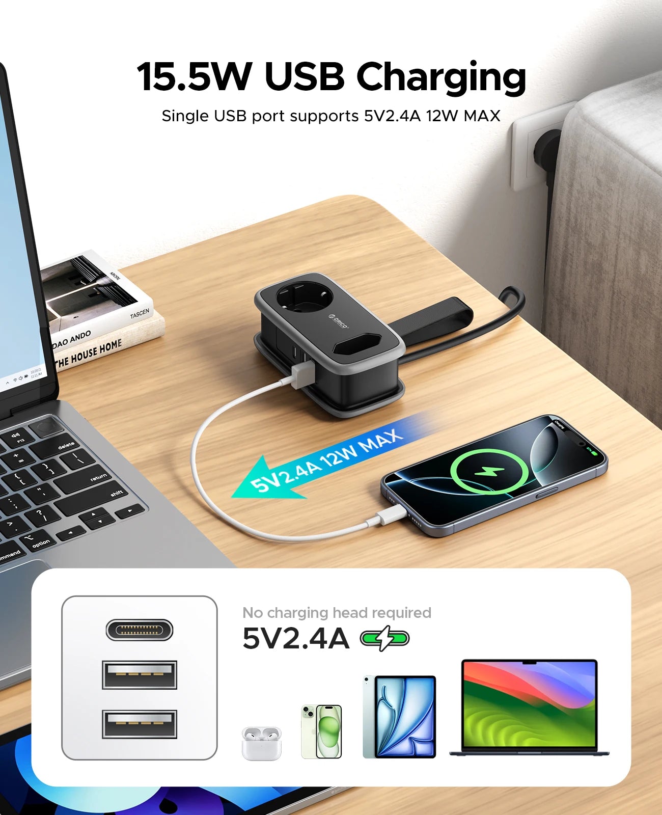 Extensão de Tomada Portátil e Cabo Retrátil ORICO 5 em 1