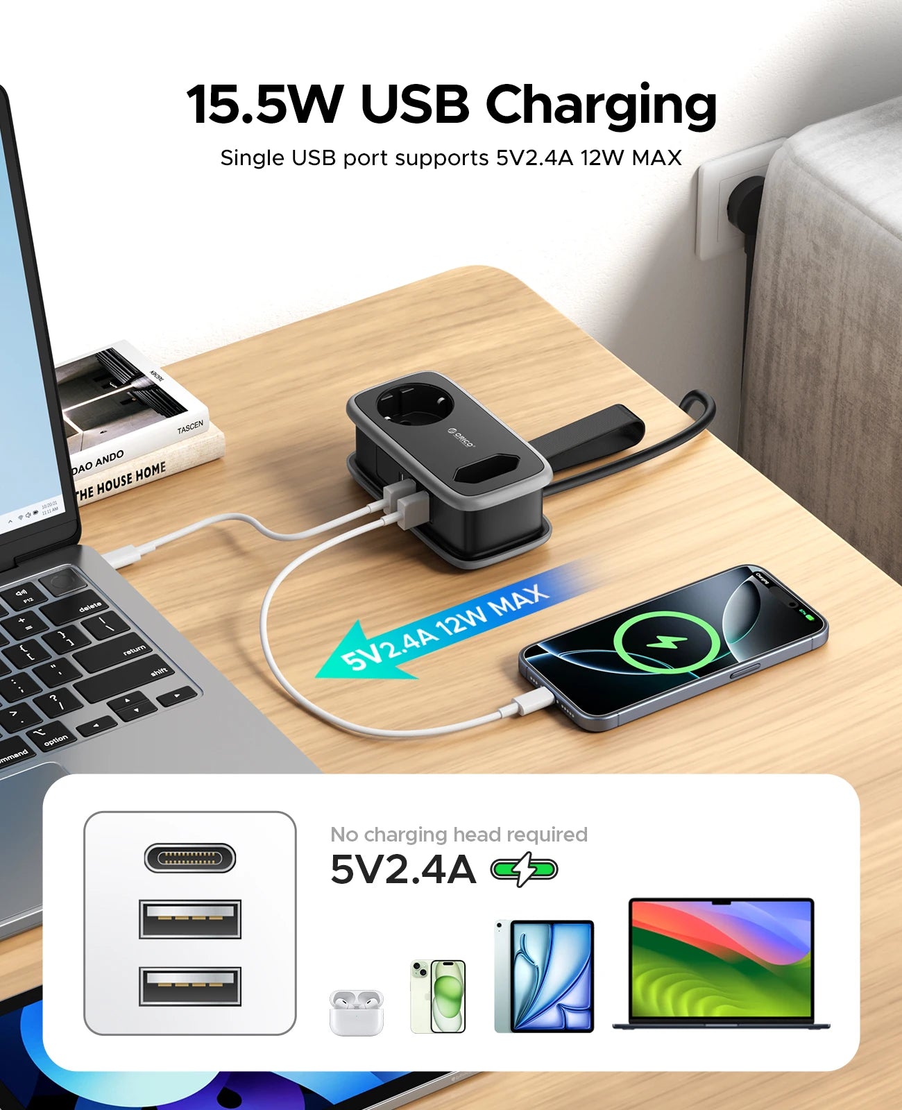 Extensão de Tomada Portátil e Cabo Retrátil ORICO 5 em 1