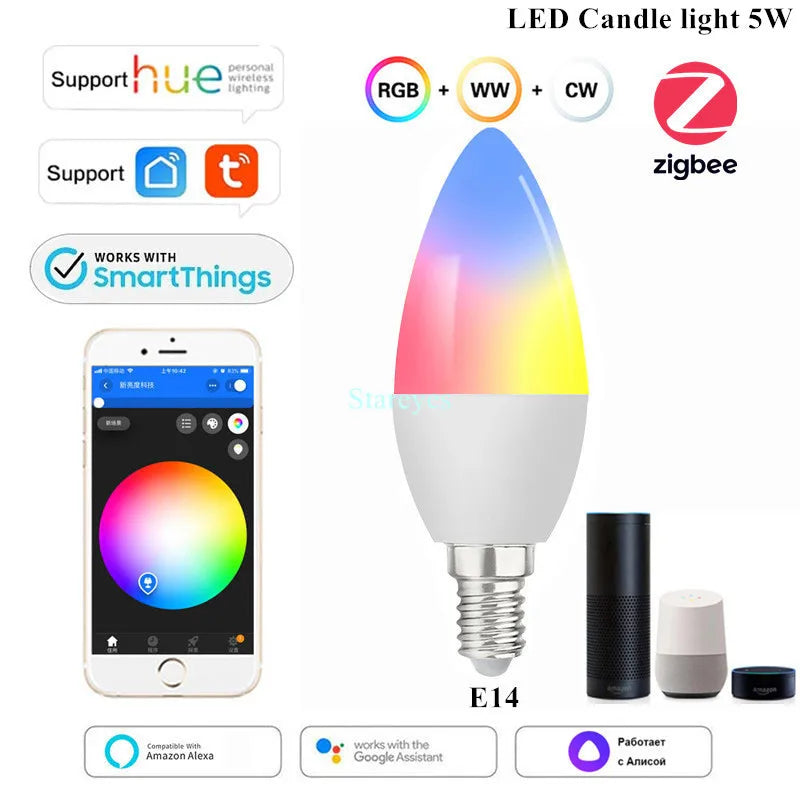 Lâmpada LED Inteligente Wifi/Zigbee RGB + CCT (E27, E14 ou GU10)