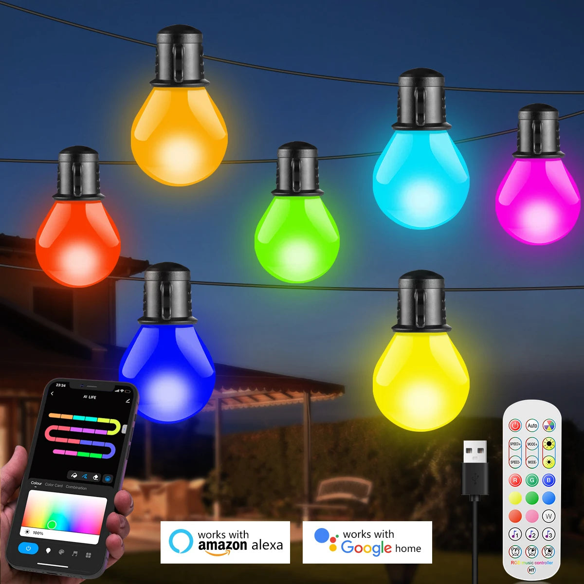 Cordão de Luzes LED Inteligente Tuya Wifi/Bluetooth 15m (25 Lâmpadas)