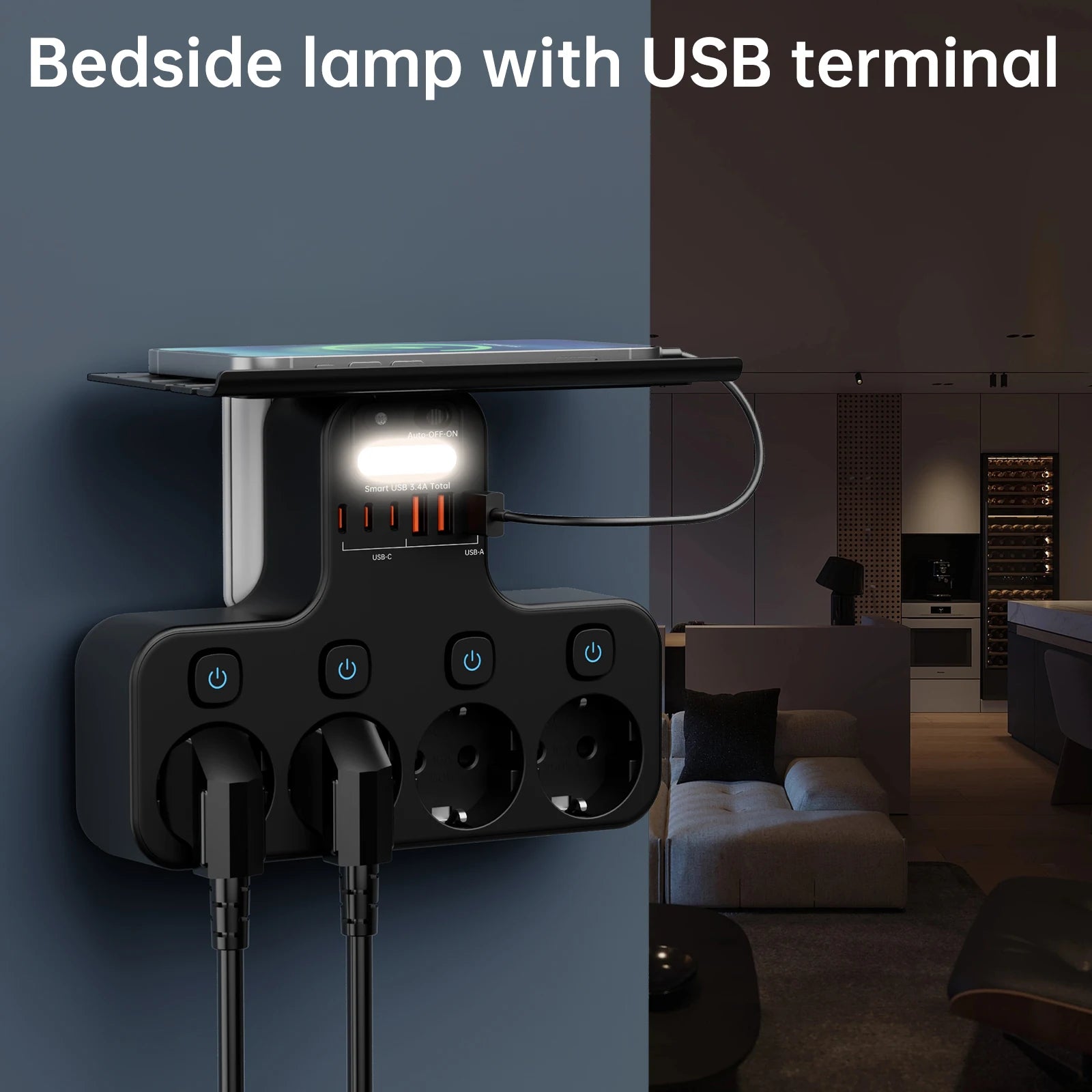 Extensão de Tomada Inteligente com Interruptores Individuais, Portas USB e USB-C