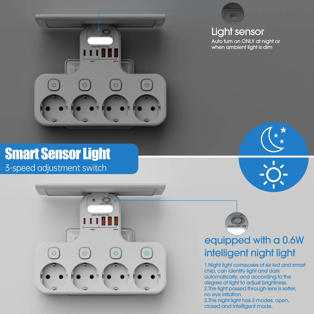 Extensão de Tomada Inteligente com Interruptores Individuais, Portas USB e USB-C