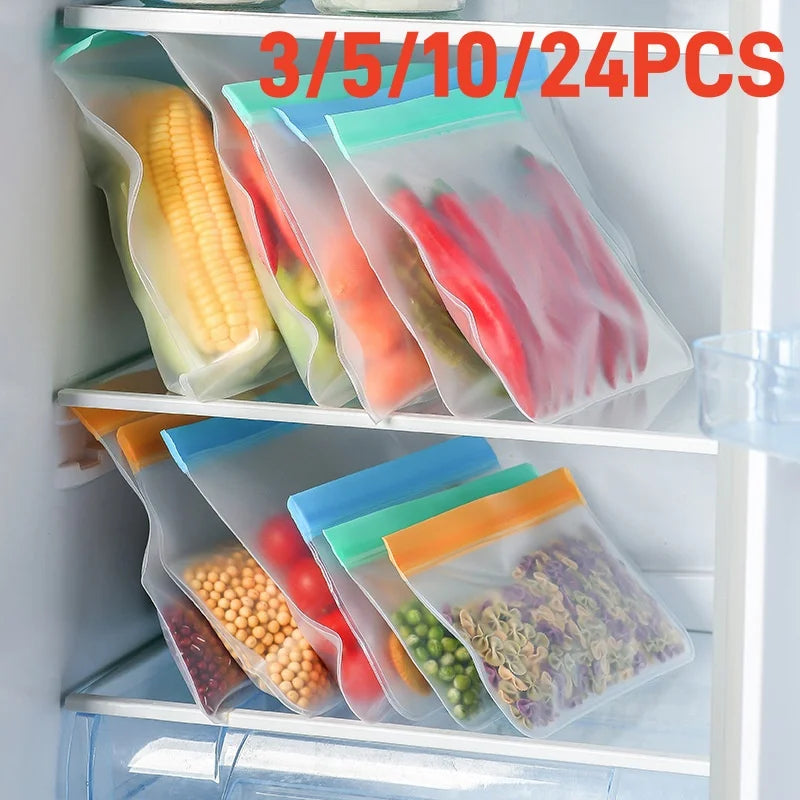 Kit Sacos de Armazenamento Reutilizáveis PEVA: (3/5/10/24 Peças)