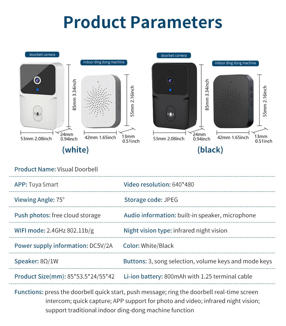 Campainha Inteligente com Câmera Wifi Sem Fio (App Tuya Smart)