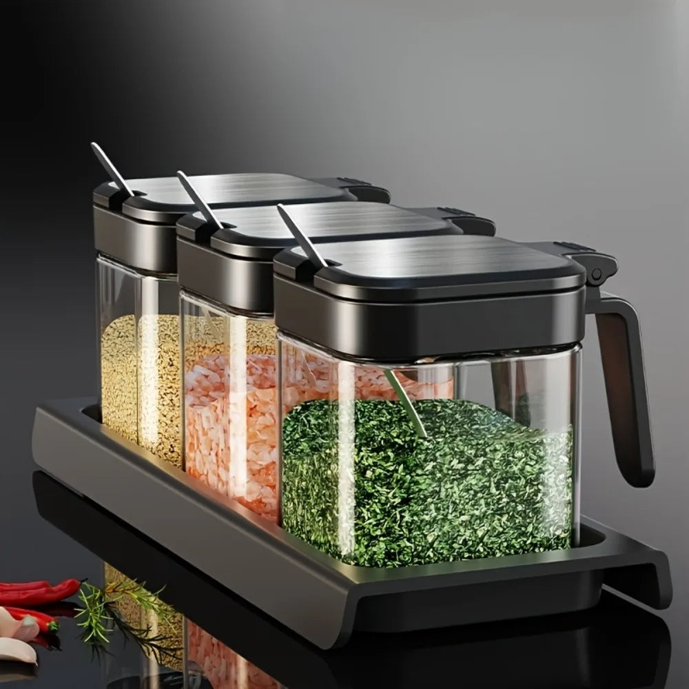 Kit 3 Potes de Tempero de Vidro com Organizador e Colher