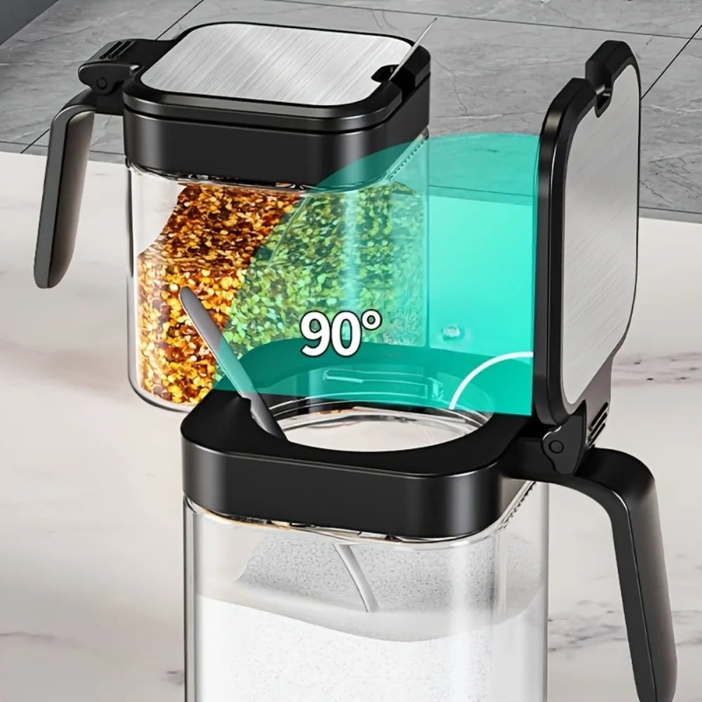 Kit 3 Potes de Tempero de Vidro com Organizador e Colher