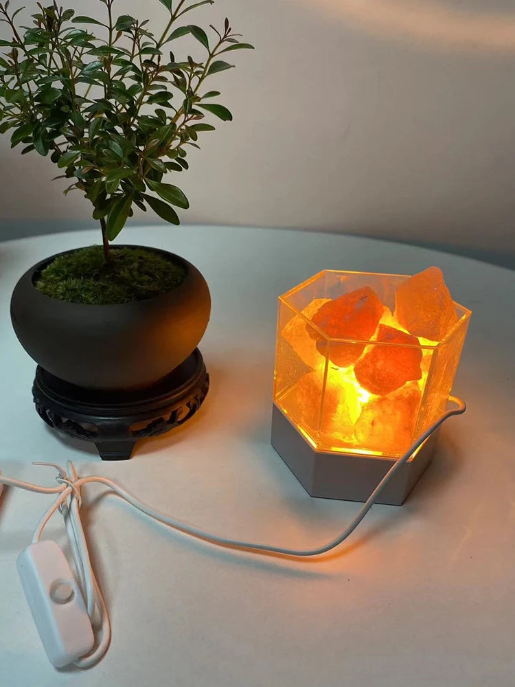 Luminária de Sal Rosa do Himalaia com Base USB (Luz Quente)