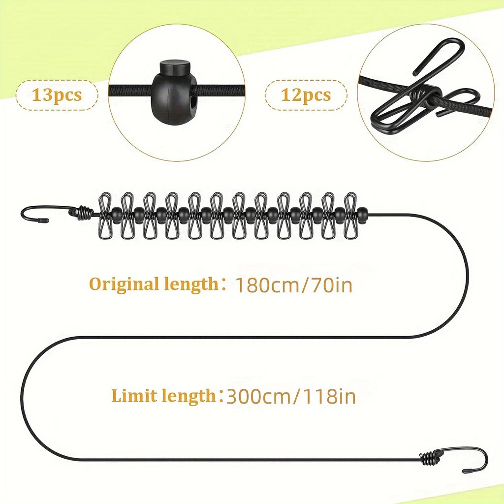 Varal Portátil de Viagem com 12 Pregadores (Retrátil 1.8m)