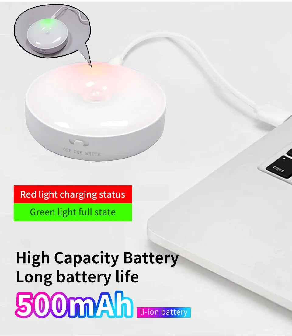 Luz Noturna LED Redonda com Sensor de Movimento (Recarregável USB)