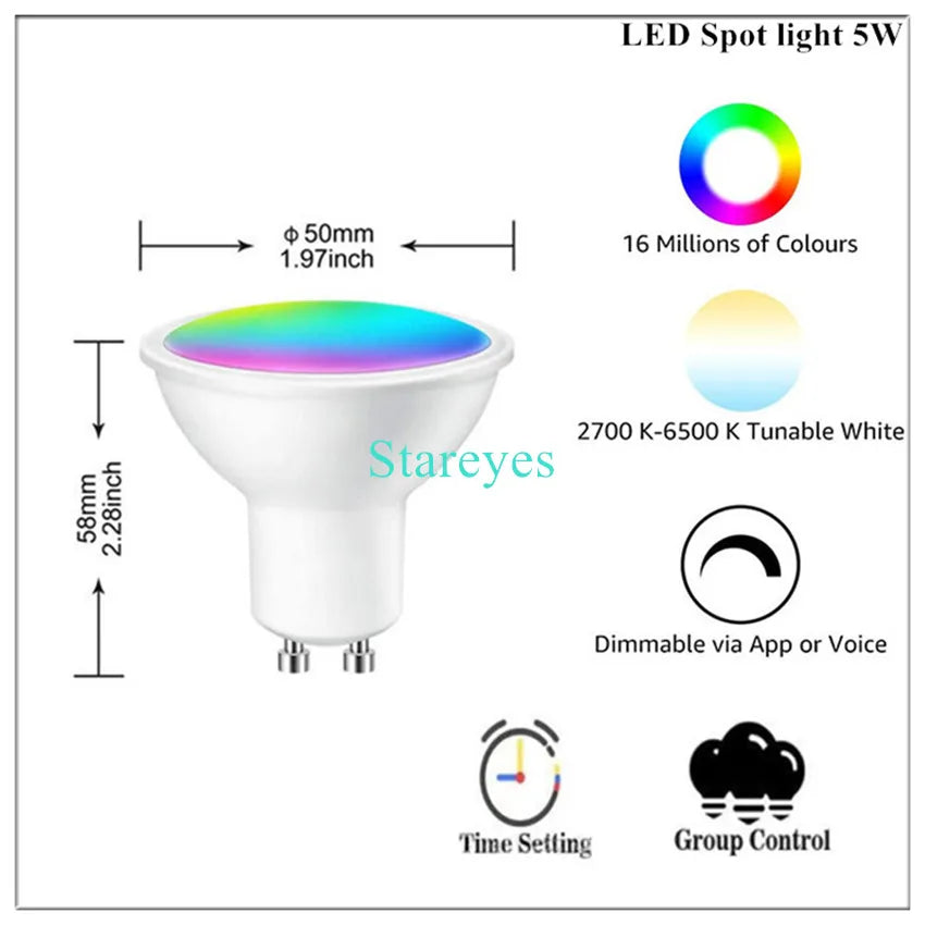 Lâmpada LED Inteligente Wifi/Zigbee RGB + CCT (E27, E14 ou GU10)