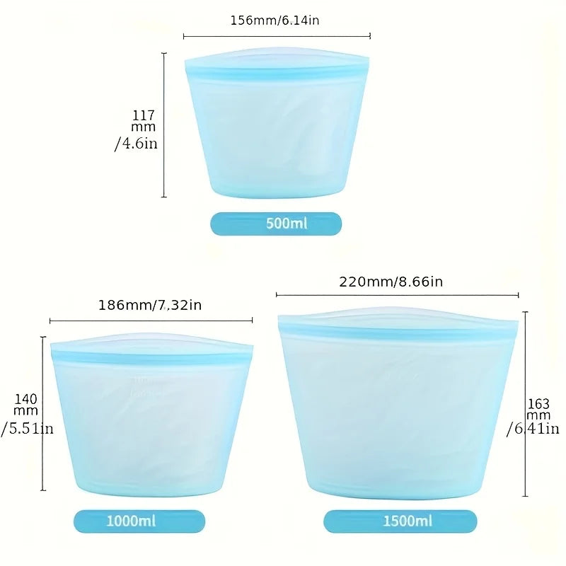 Kit 3 Sacos de Silicone Reutilizáveis: Ziplock à Prova de Vazamento