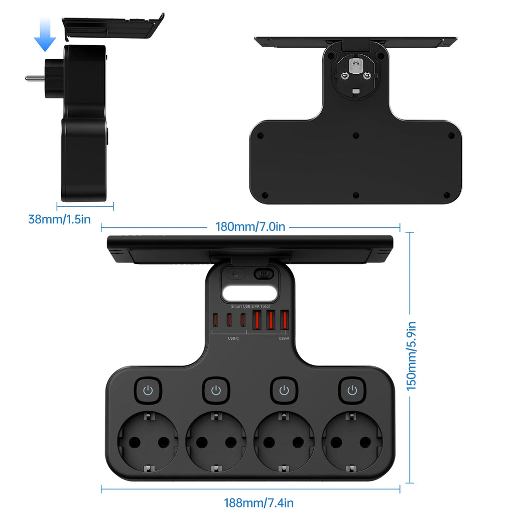 Extensão de Tomada Inteligente com Interruptores Individuais, Portas USB e USB-C