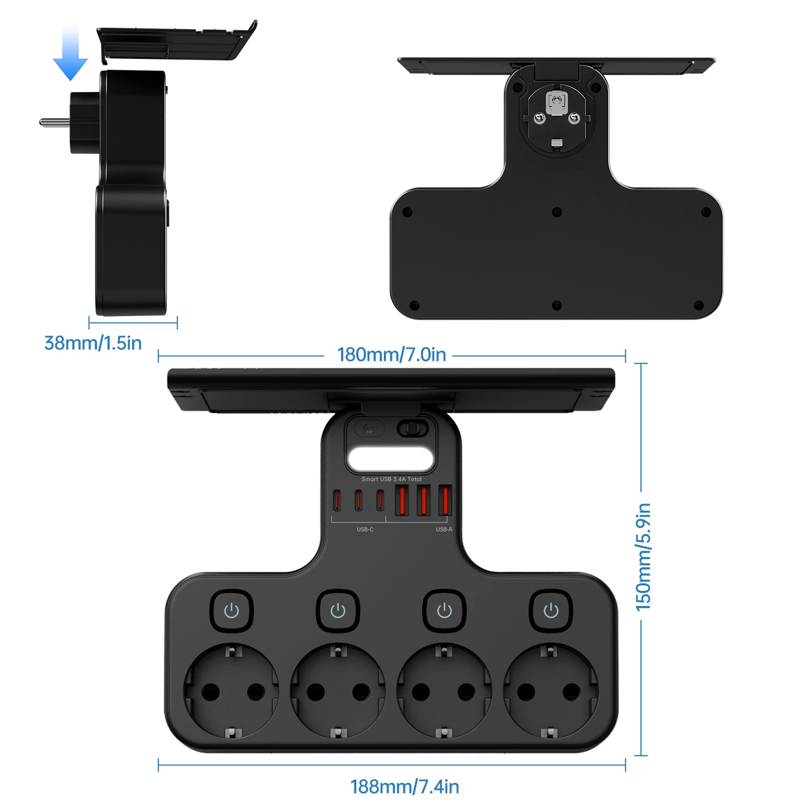 Extensão de Tomada Inteligente com Interruptores Individuais, Portas USB e USB-C