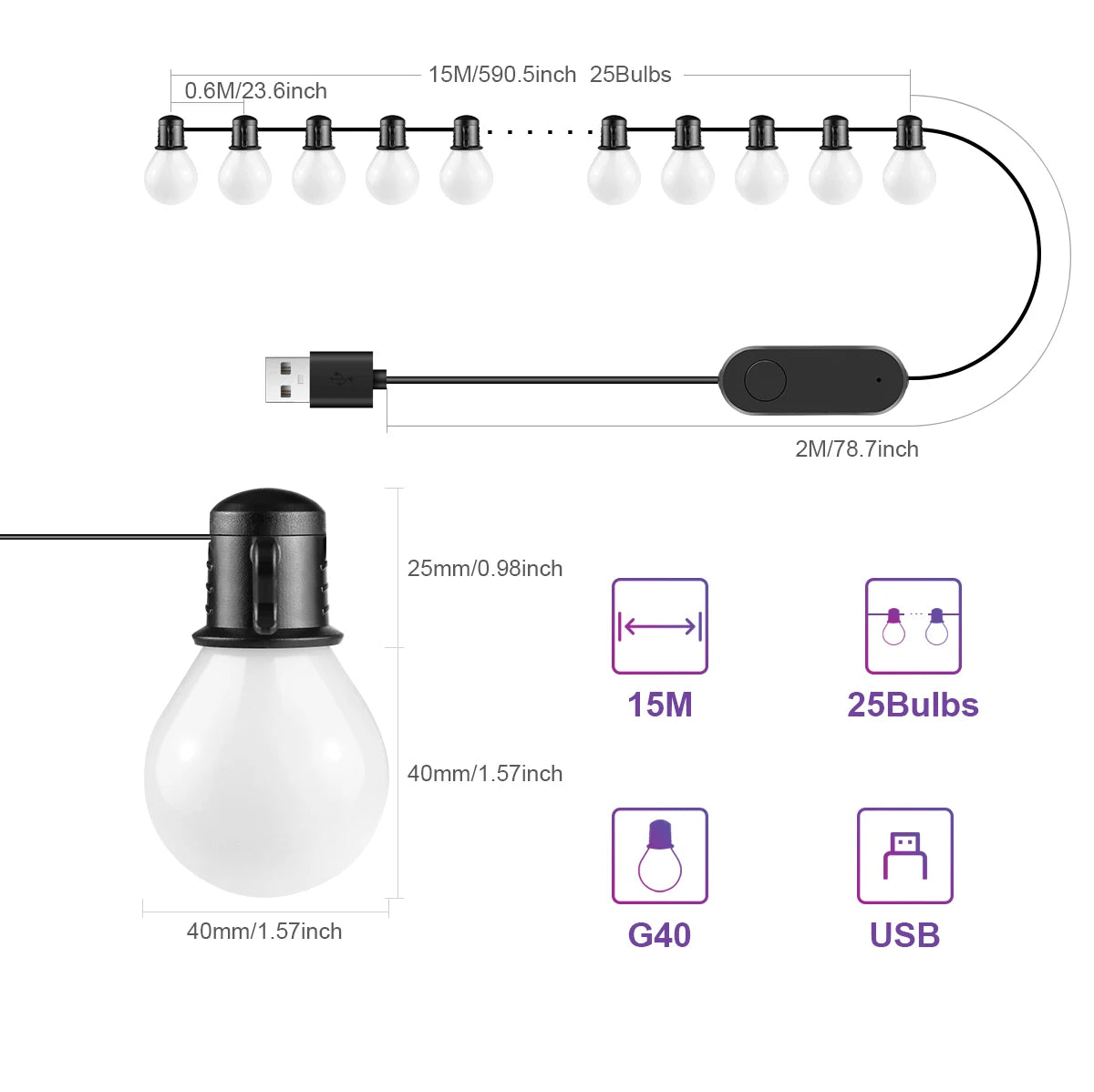 Cordão de Luzes LED Inteligente Tuya Wifi/Bluetooth 15m (25 Lâmpadas)