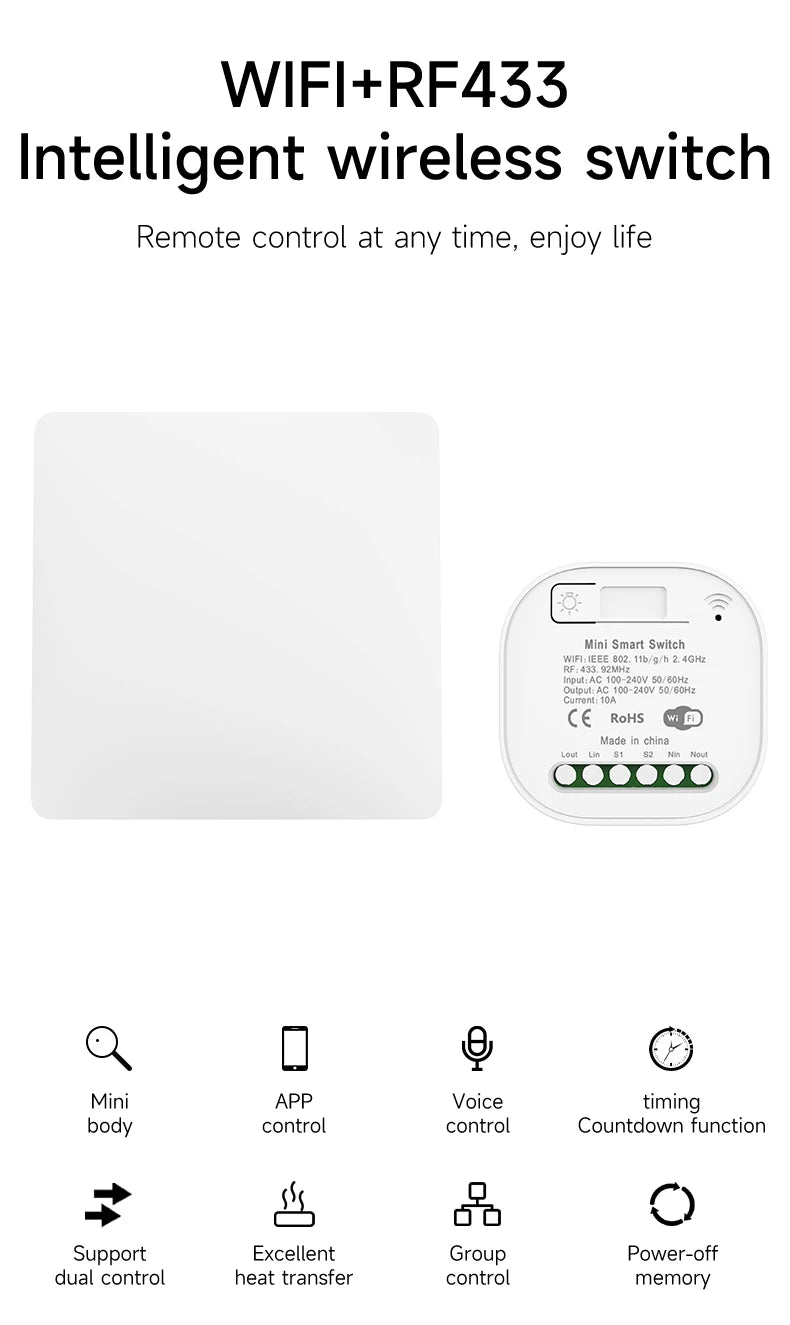 Interruptor de Parede Sem Fio RF433 com Receptor Wifi (App Tuya/Smart Life)