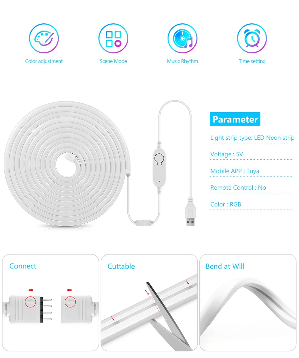 Fita LED COB RGB Wifi Inteligente Tuya/Smart Life (5V USB)