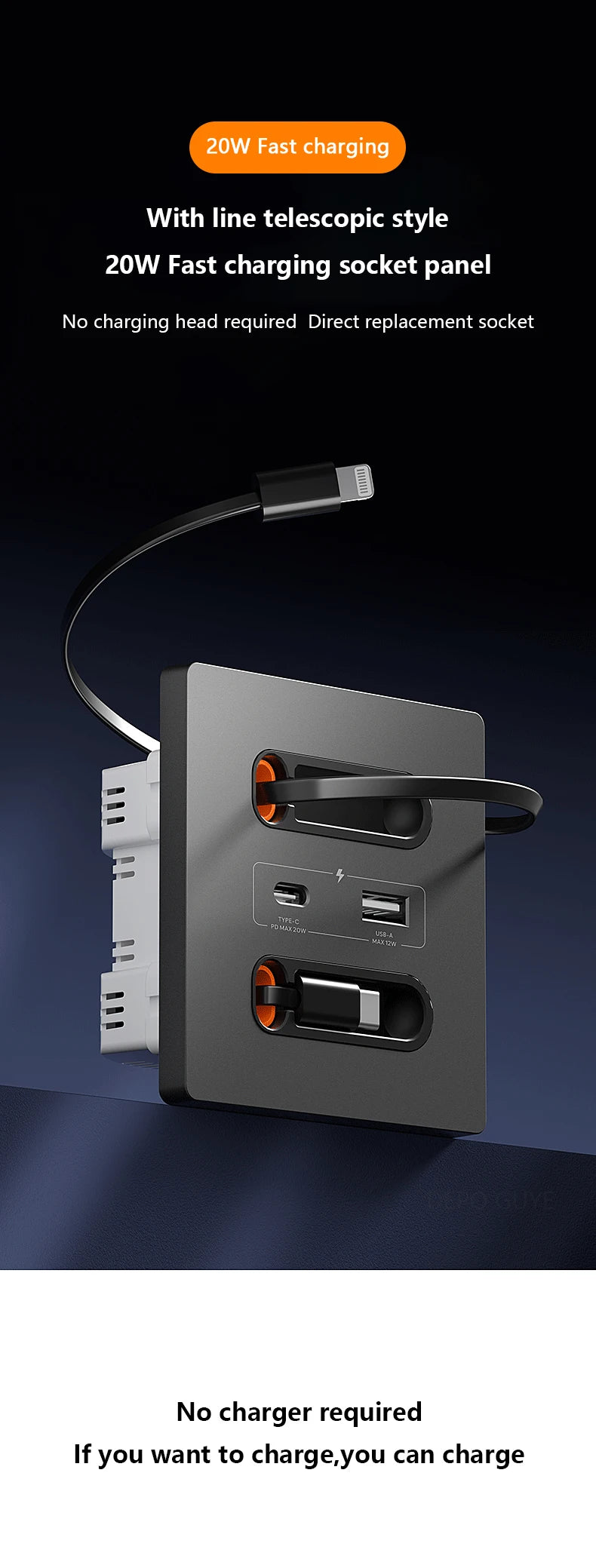 Tomada de Parede Inteligente Universal com Cabo de Carregamento Retrátil 20W