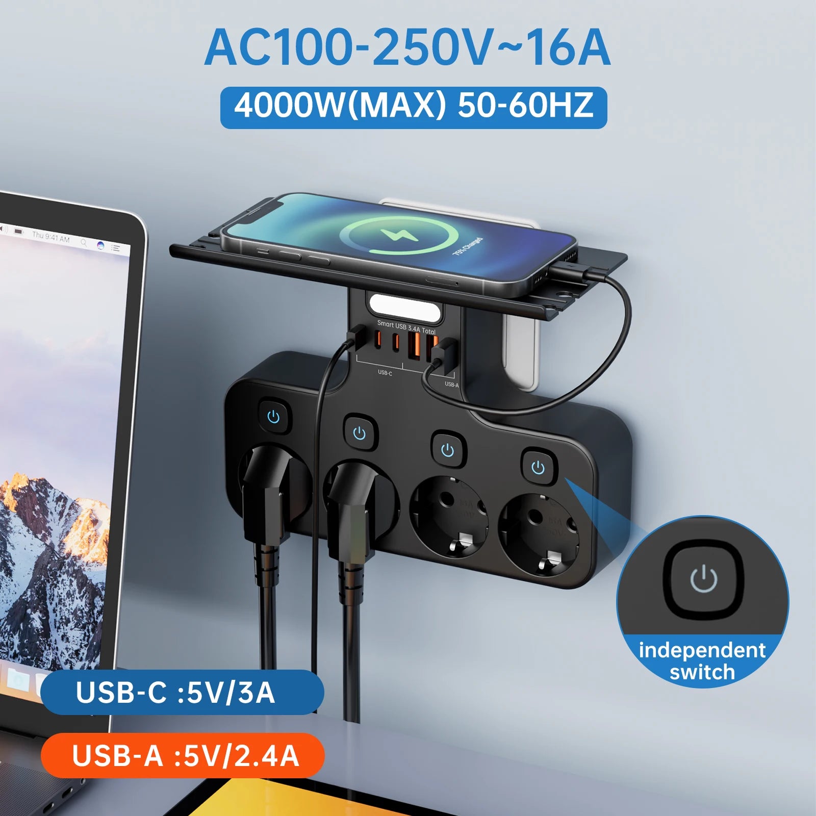 Extensão de Tomada Inteligente com Interruptores Individuais, Portas USB e USB-C