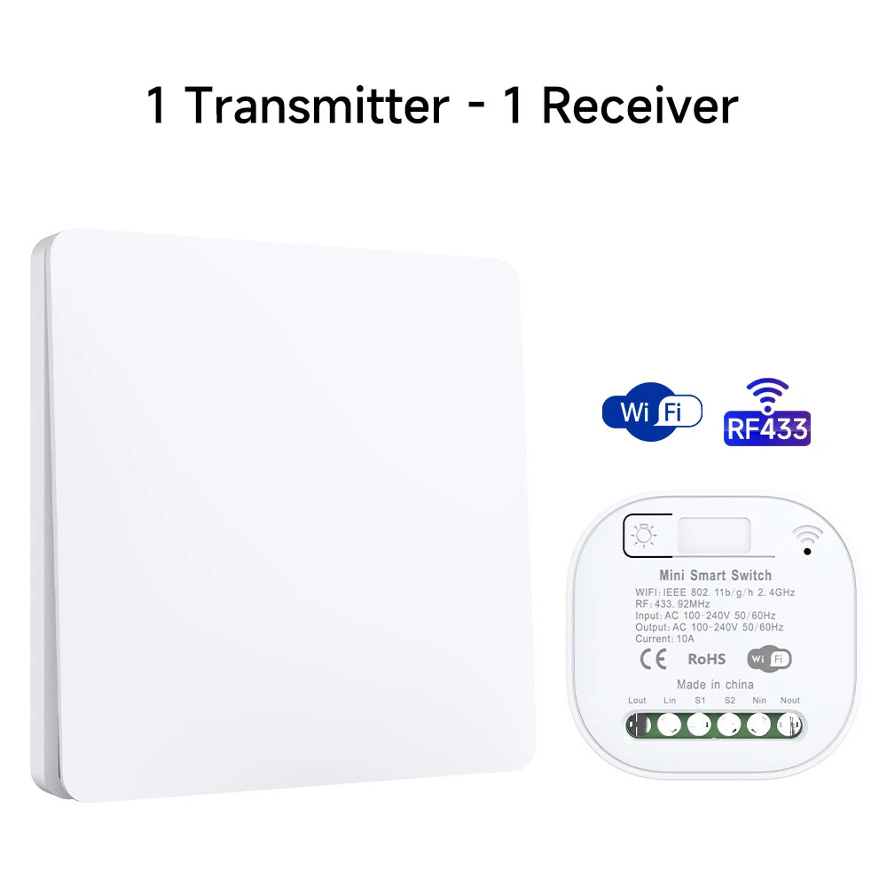 Interruptor de Parede Sem Fio RF433 com Receptor Wifi (App Tuya/Smart Life)