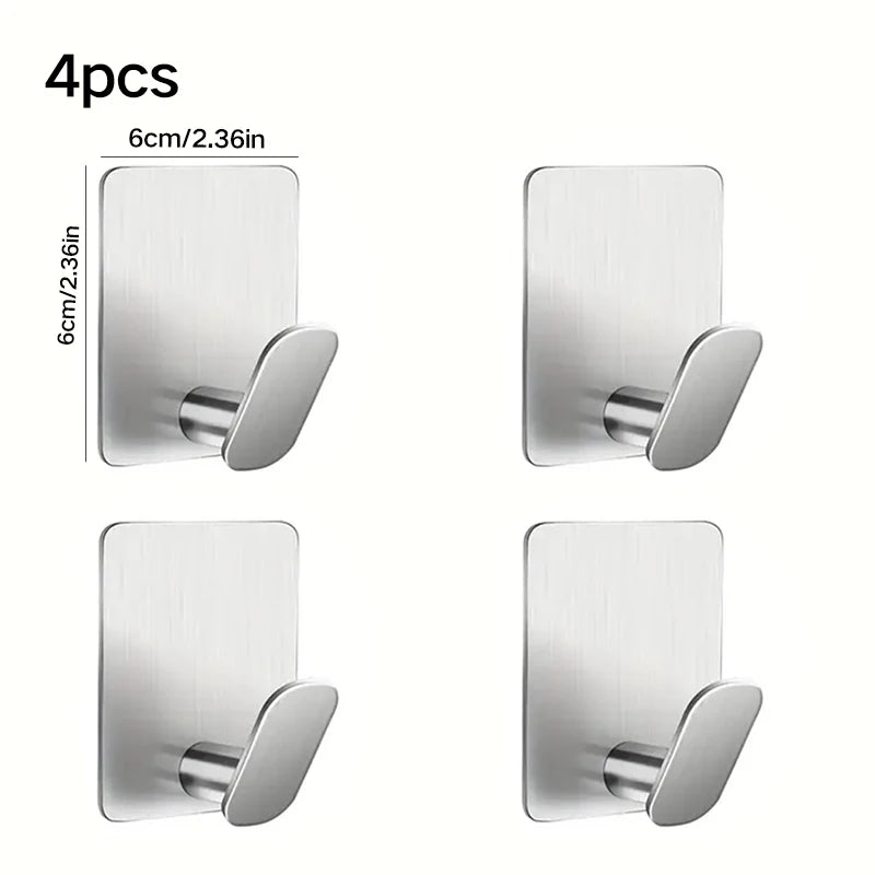 Kit 4 Peças Gancho Adesivo de Parede Efeito Aço Inox (Sem Furos)