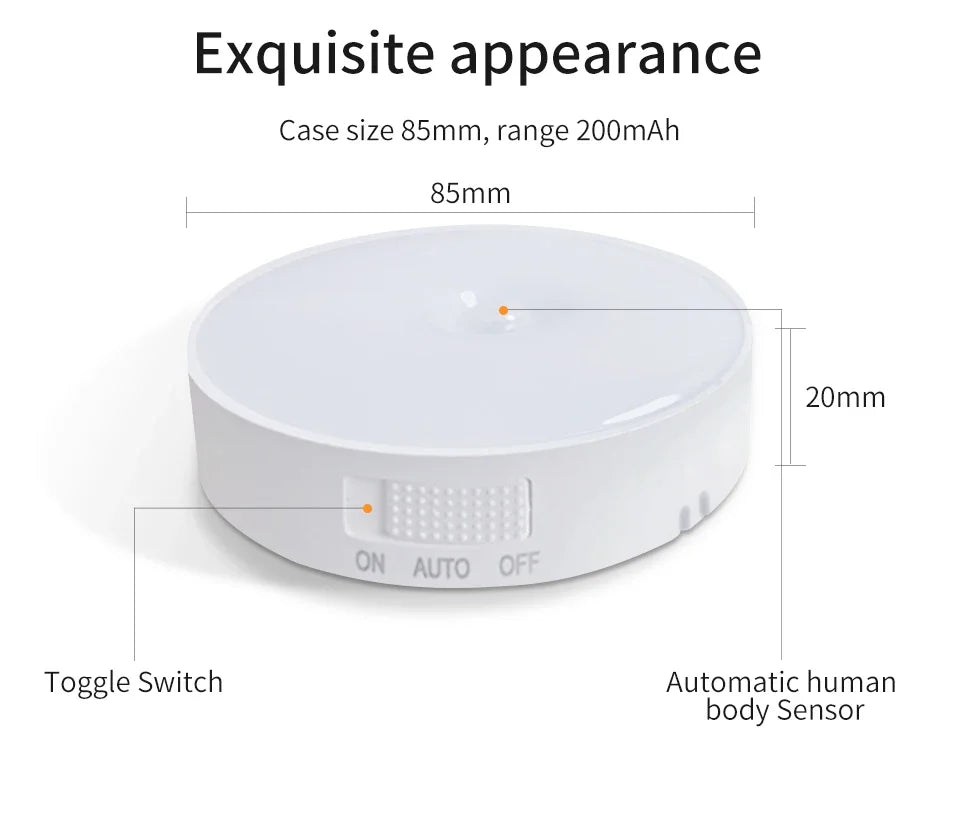 Luz Noturna LED Redonda com Sensor de Movimento (Recarregável USB)
