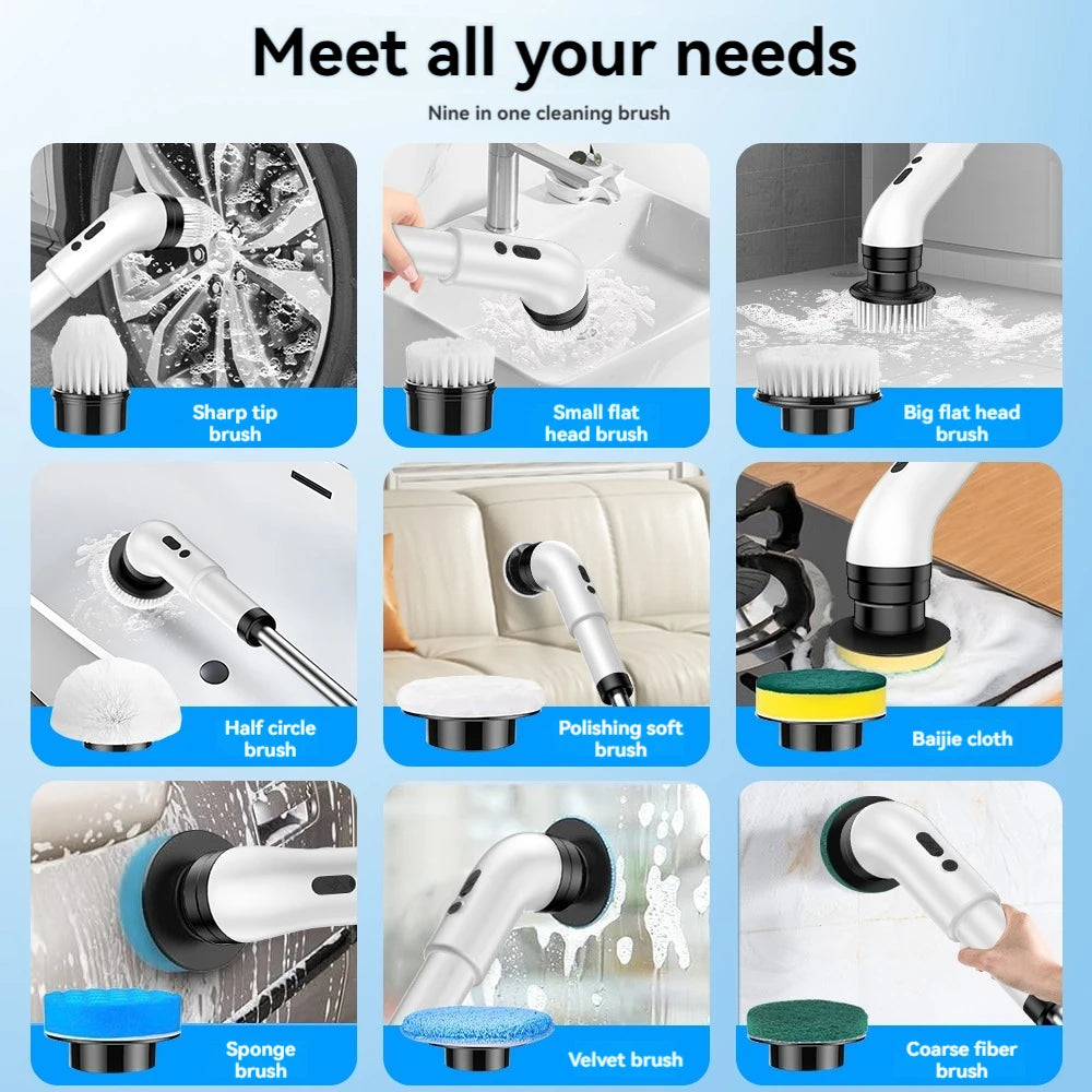 Esfregão Elétrico Giratório Recarregável com até 9 Acessórios de Limpeza