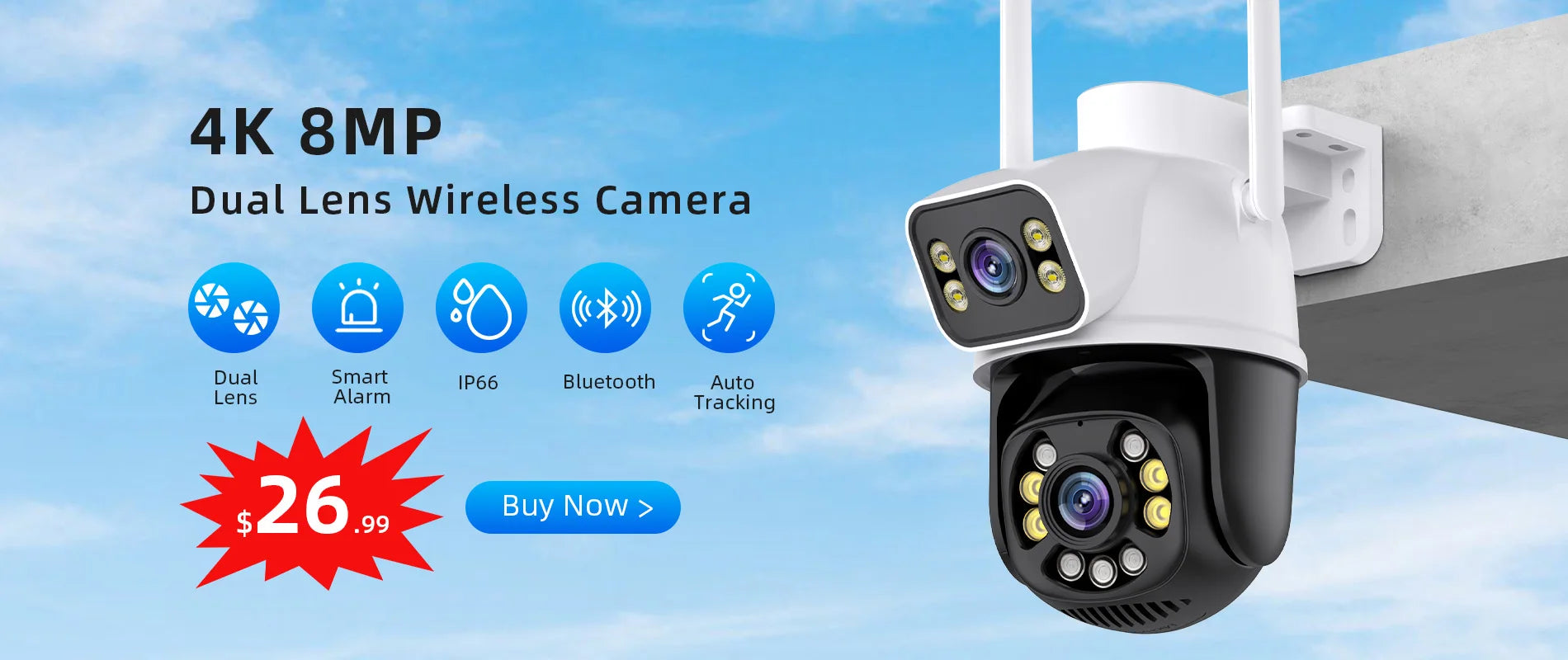 Câmera Externa Wifi Lente Dupla 8MP com Rastreamento à Prova d'Água com Visão Noturna