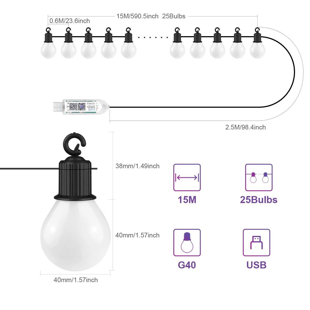 Cordão de Luzes LED Inteligente Tuya Wifi/Bluetooth 15m (25 Lâmpadas)