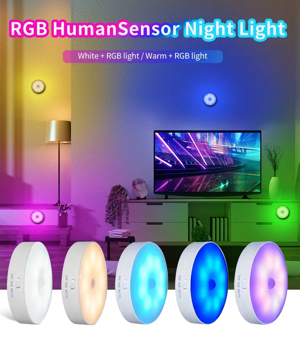 Luz Noturna LED Redonda com Sensor de Movimento (Recarregável USB)