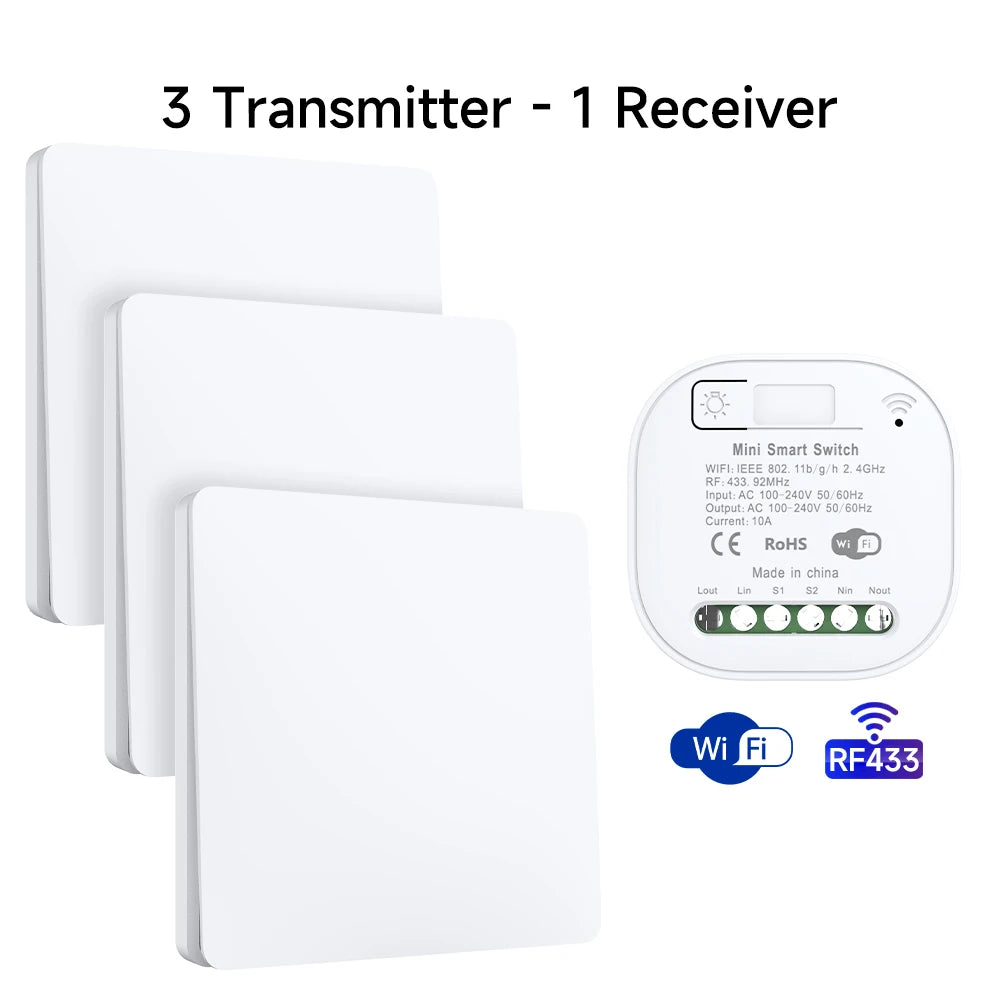 Interruptor de Parede Sem Fio RF433 com Receptor Wifi (App Tuya/Smart Life)