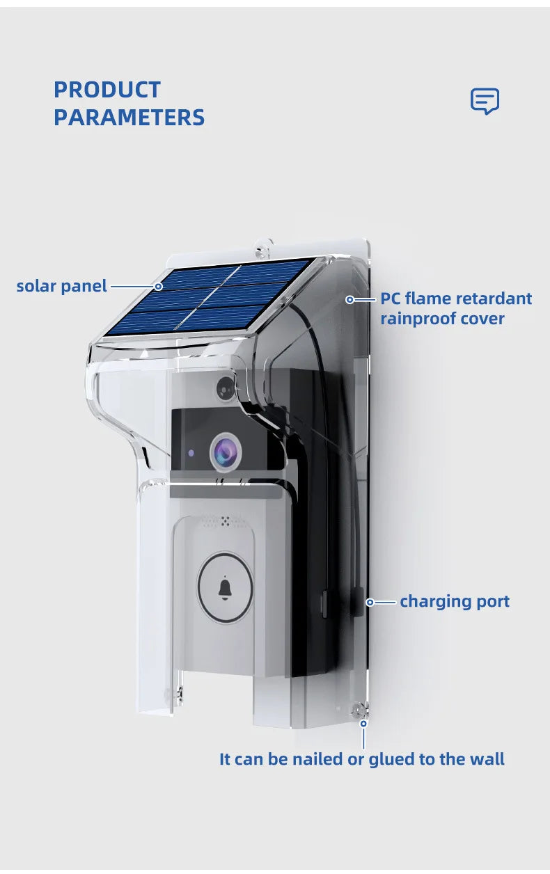 Campainha à Prova d'Água com Câmera Wifi e Carregamento Solar