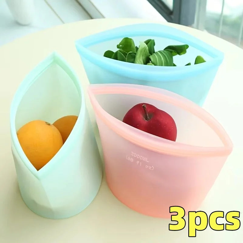 Kit 3 Sacos de Silicone Reutilizáveis: Ziplock à Prova de Vazamento