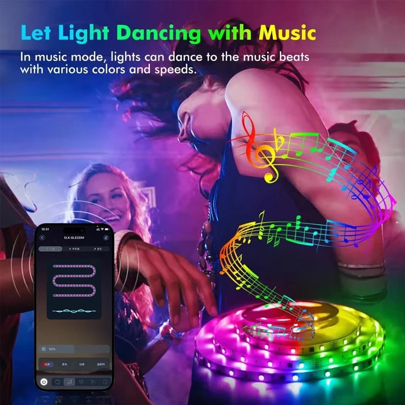 Fita LED RGB USB 5V com Sincronização de Música e Controle Remoto ou App