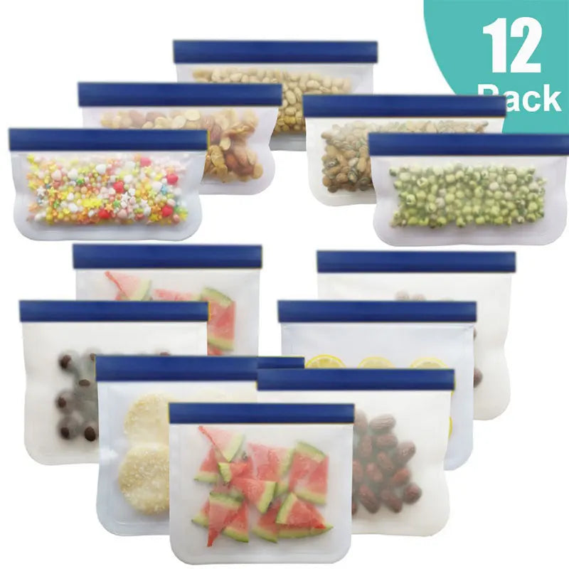 Kit (3-12) Sacos Ziplock Reutilizáveis (PEVA): Para Freezer e Alimentos