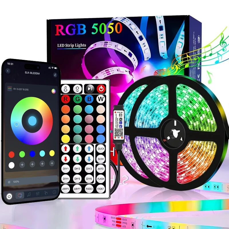 Fita LED RGB USB 5V com Sincronização de Música e Controle Remoto ou App