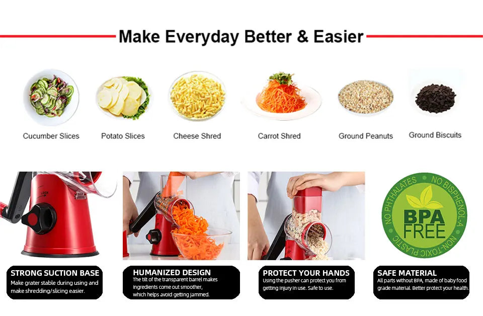 Fatiador de Legumes Multifuncional: Ralador de Batata e Queijo (3 Lâminas)