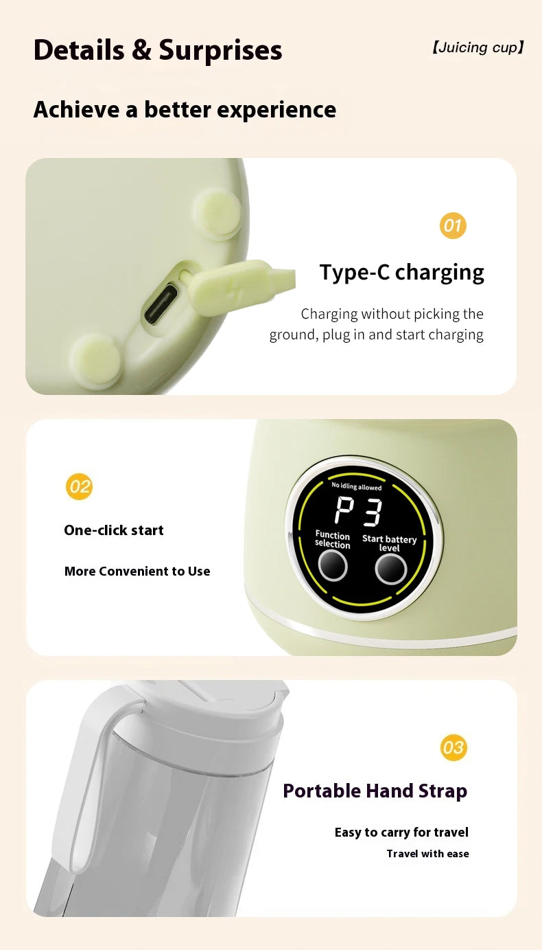 Liquidificador Portátil USB Recarregável 500ml: 3 Níveis de Potência