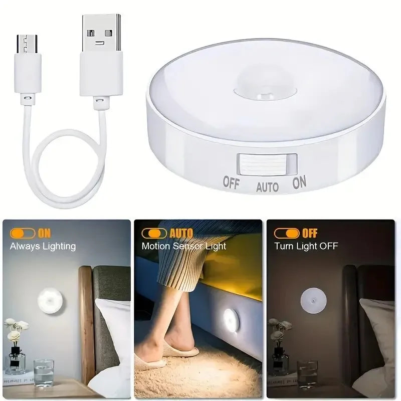 Luz Noturna LED Redonda com Sensor de Movimento (Recarregável USB)
