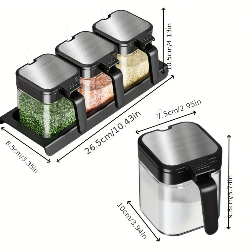 Kit 3 Potes de Tempero de Vidro com Organizador e Colher