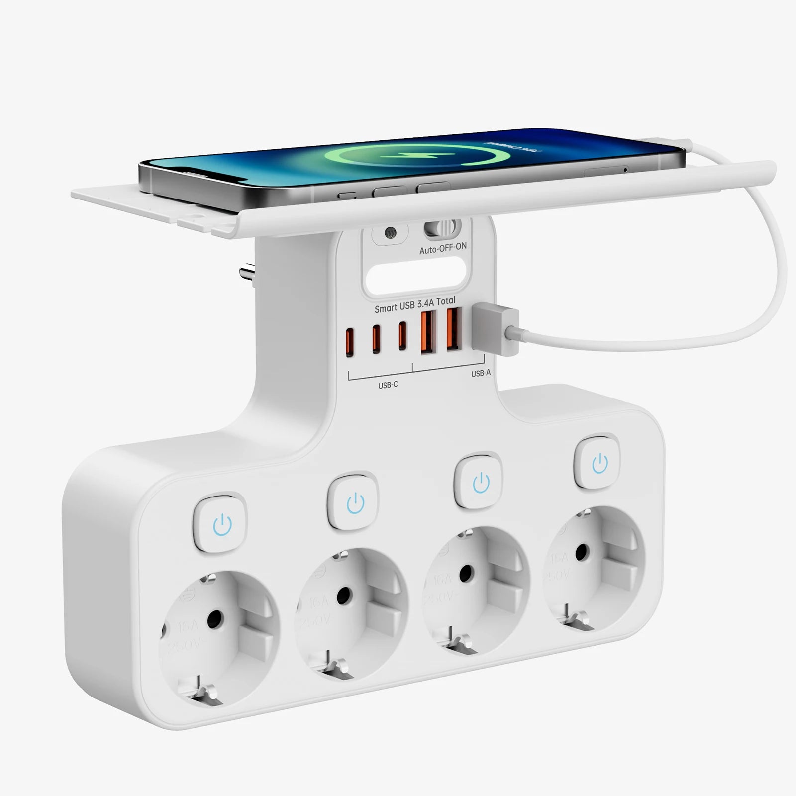 Extensão de Tomada Inteligente com Interruptores Individuais, Portas USB e USB-C