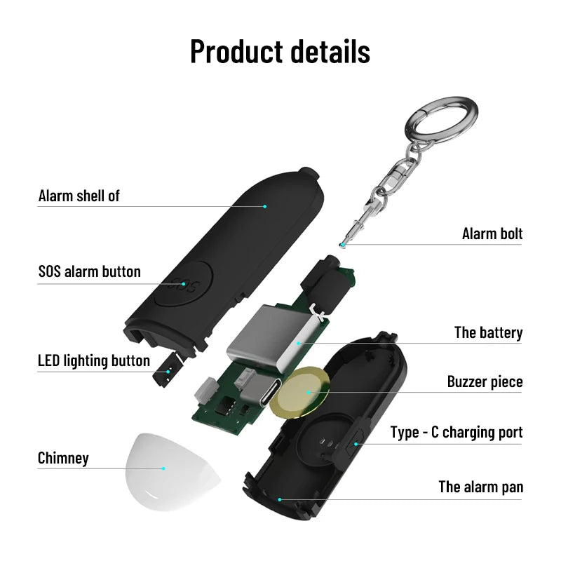 Chaveiro Alarme SOS Recarregável: Sirene 130dB e Luz LED