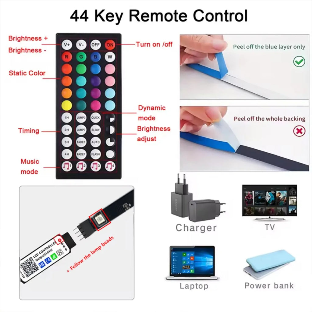 Fita LED RGB USB 5V com Sincronização de Música e Controle Remoto ou App